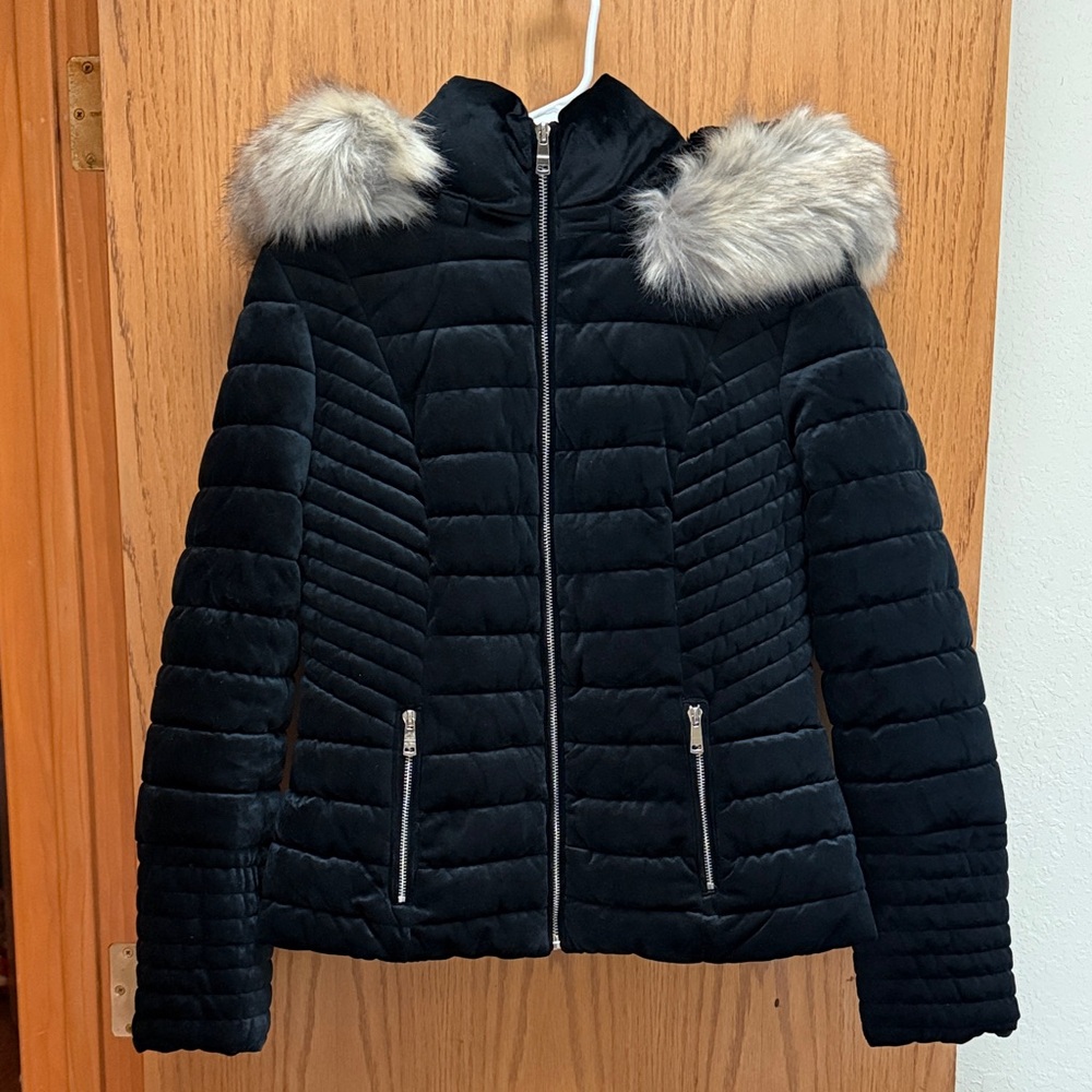 Fashion Nova Black Puffer Jacket with Faux Fur Hood